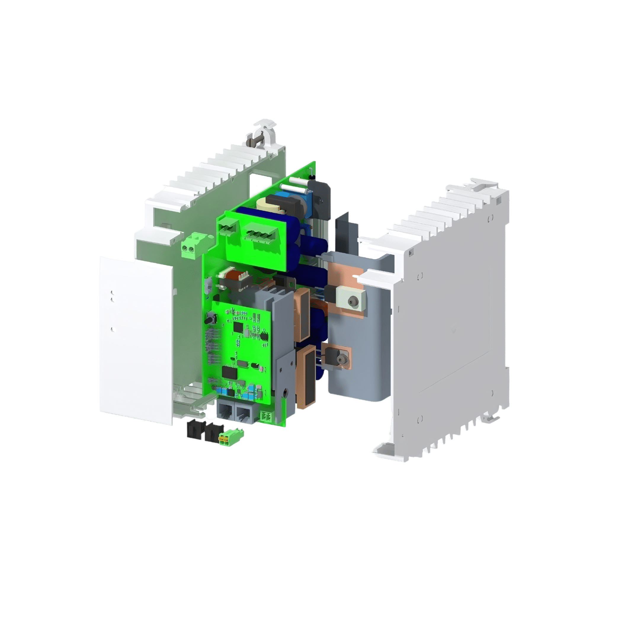 A cutaway view of an electrical circuit breaker showing internal components, including a circuit board, various electrical connectors, and insulating materials, highlighting the integration of a DC-DC Wandler.